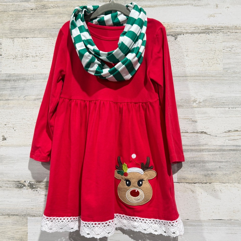 Unique Baby Reindeer Tunic Girls 7Y Red Scarf Lace Trim Holiday Christmas EUC